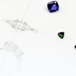 Lyric ring sketch with Tanzanite & Tsavorite Lyric ring sketch close up with cushion Tanzanite and Trilliant Tsavorite pair